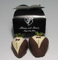 Tuxedo Strawberries | 2-piece box - Two fresh extra large strawberries are dipped in pure chocolate and decorated to look like a tuxedo, including a bow tie.  This is a very special and sophisticated gift.  Packaged in a two- piece box and personalized with your choice of message on a minimum order of fifty boxes.